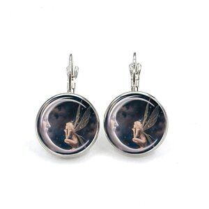 Moon Angel Cabochon Glass Ear Hoop Earrings